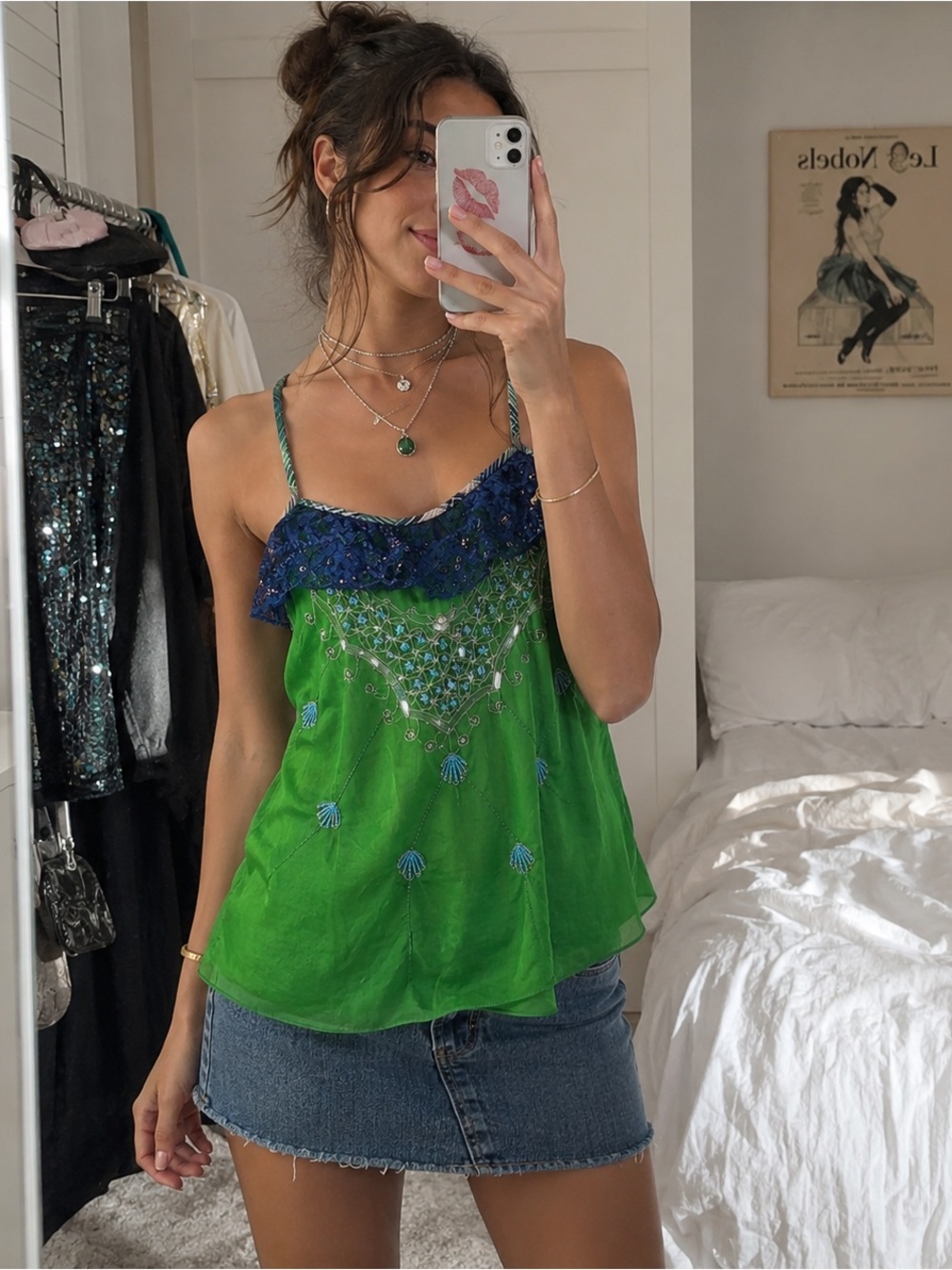 Vintage Y2K Free People Green Silk Beaded Sequin Lace Cami Top S